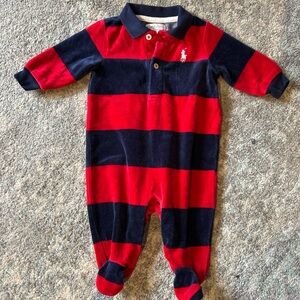 Ralph Lauren Baby Velvet Red and Blue Striped One Piece